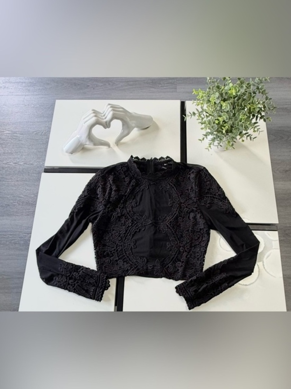 Windsor Black Lace Overlay Long Sleeve Mesh Crop Top - Size Small